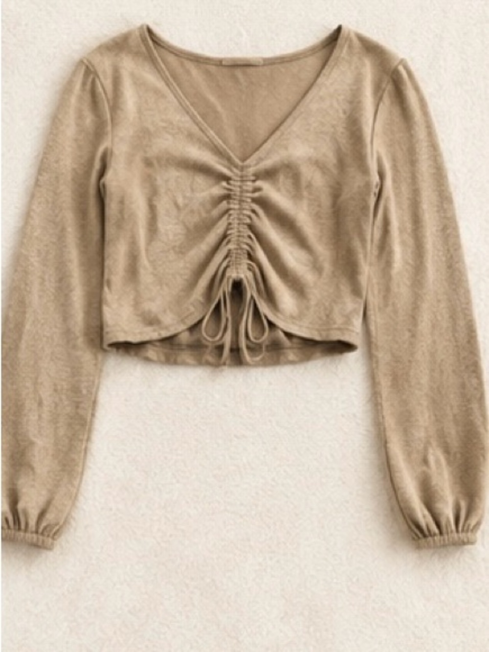 Drawstring V-Neck Long Sleeve Crop Top - Beige